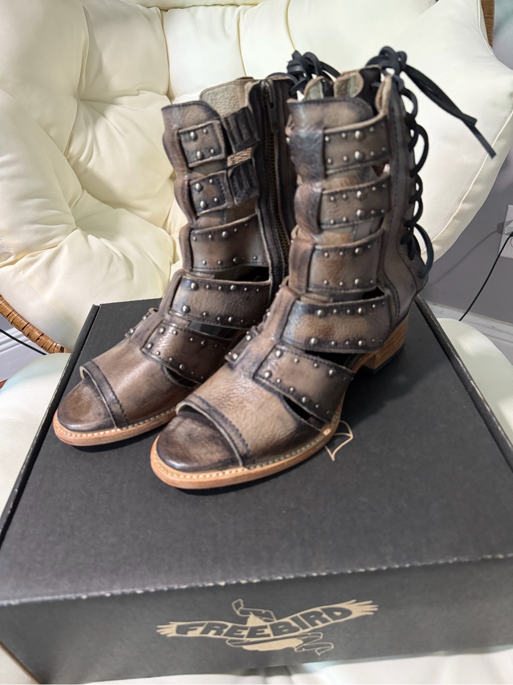Freebird Ghost Black Distressed Studded Open-Toe Lace-Back Booties
